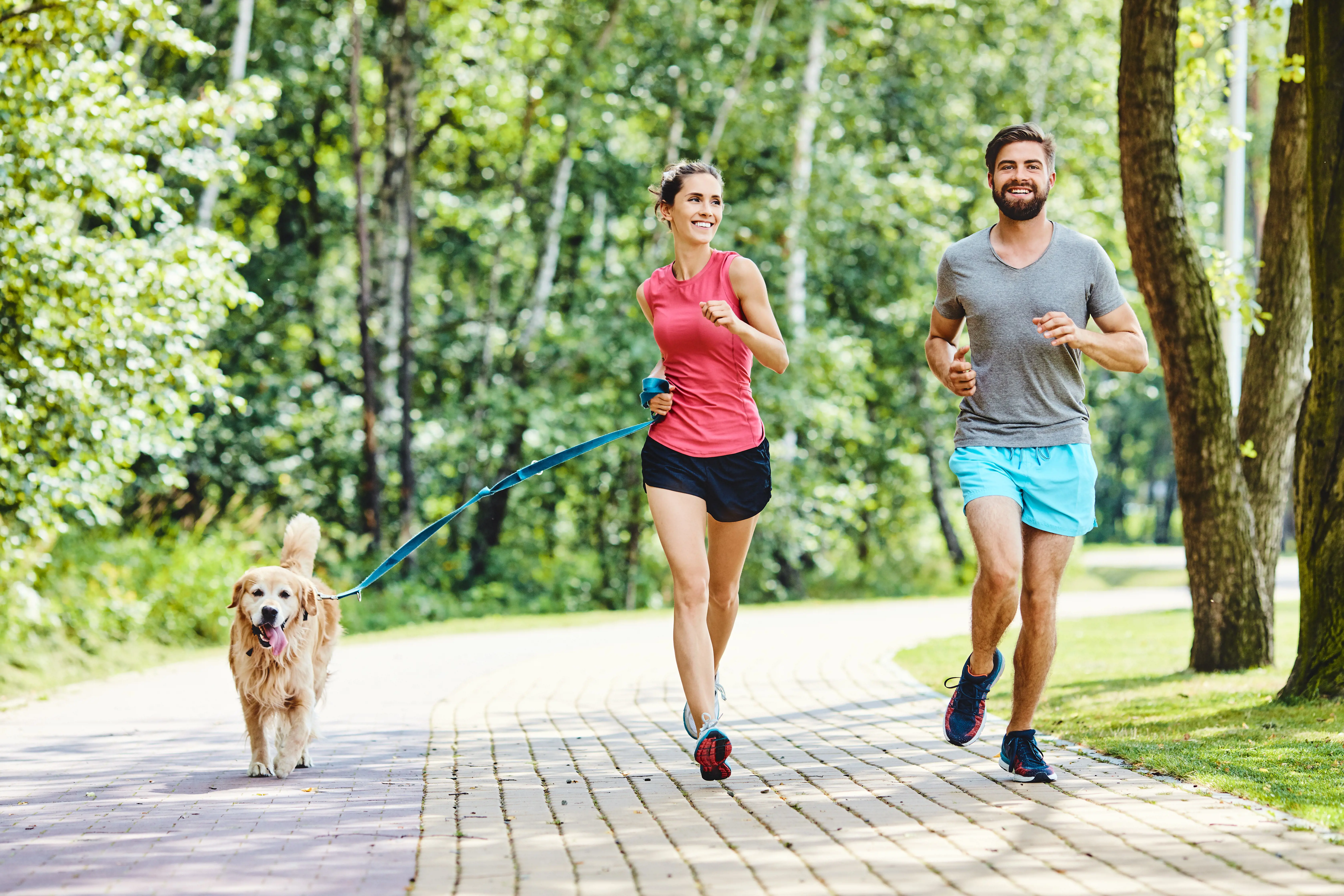 People running with dog