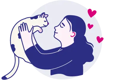 an illustration of a woman holding a cat with love hearts around her