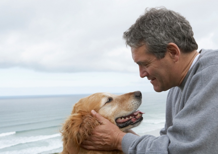 Man looking into dogs eyes at the beach with ocean in background