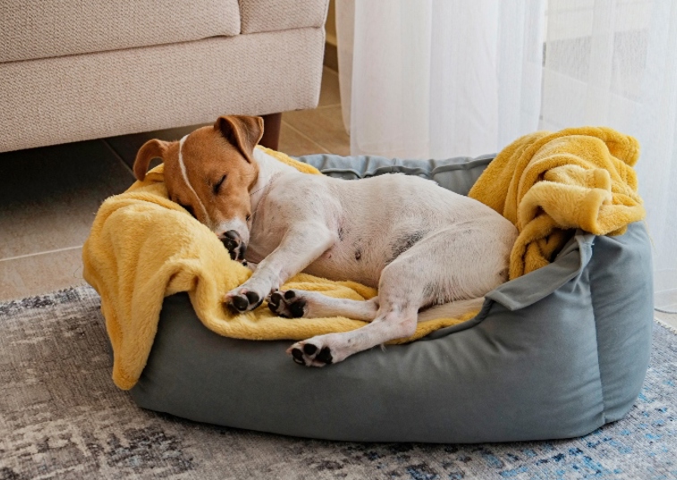 Jack Russel asleep with a yellow blanket in a grey dog bed