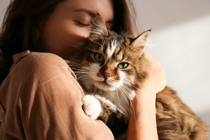 woman cuddling cat