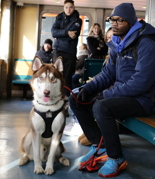A man waiting for a train with his dog waiting patiently next to him