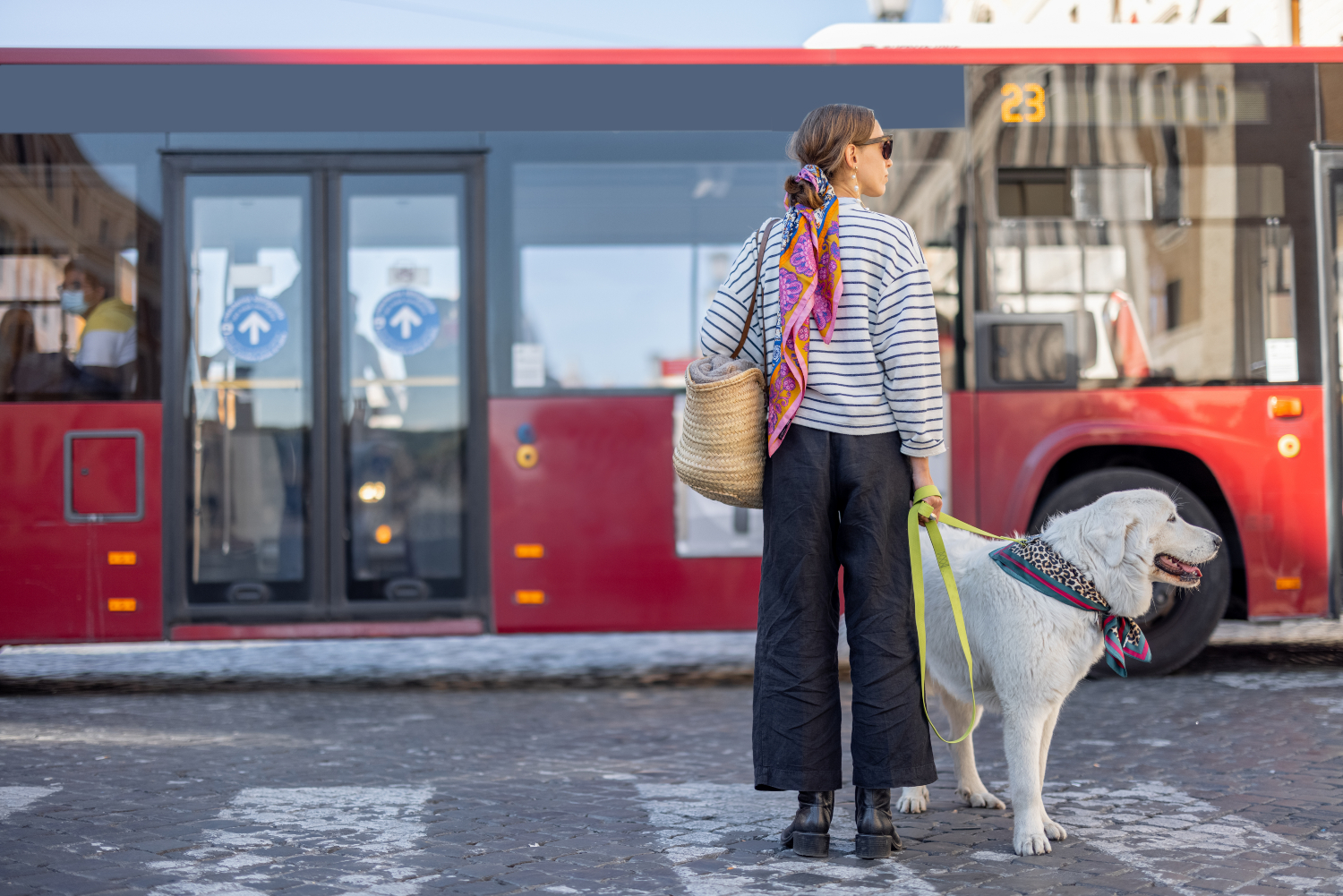 woman standing outside of the bus