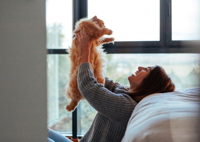 Woman holding ginger cat in the air 