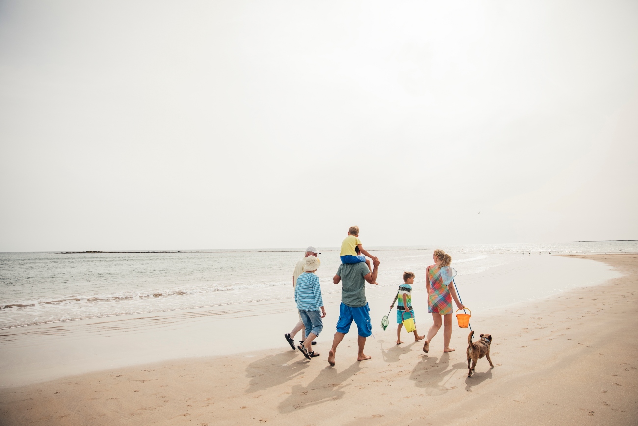 family with their dog walking on a beach